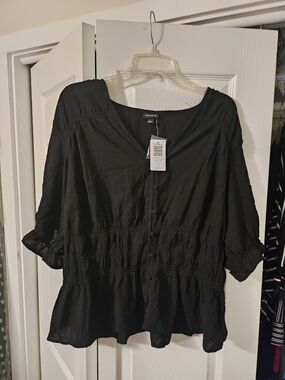 Torrid Black Peplum Challis Piff Sleeve Blouse with Smocked Waist
